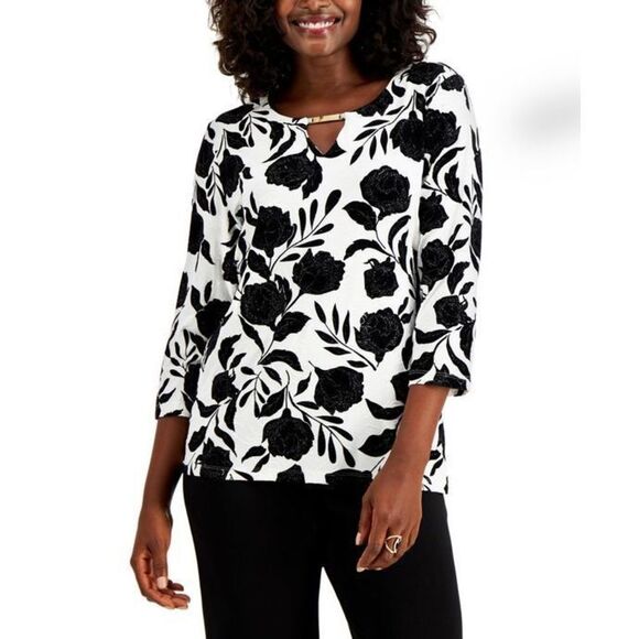 JM Collection Flocked Velvet Jacquard Top Eggshell Cb L - Picture 1 of 2